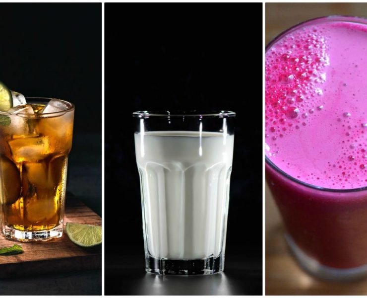 Iced tea with lime, a glass of milk, and a pink smoothie side by side against dark and wooden backgrounds.