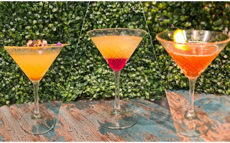 Three cocktails in martini glasses on a wooden surface with a leafy green backdrop. Each drink features a distinct color: orange, yellow with red, and orange with a citrus garnish.