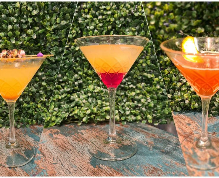 Three cocktails in martini glasses on a wooden surface with a leafy green backdrop. Each drink features a distinct color: orange, yellow with red, and orange with a citrus garnish.