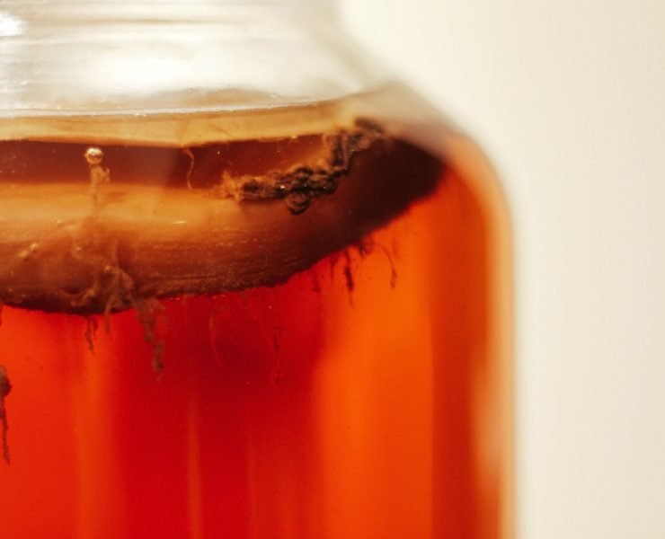 A glass jar of kombucha with a visible SCOBY (Symbiotic Culture Of Bacteria and Yeast) floating at the top. The liquid is amber-colored.