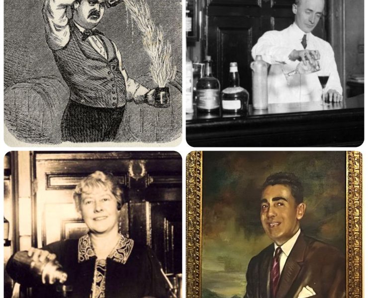 A collage of four vintage images depicting bartenders preparing and serving drinks in various styles and settings.