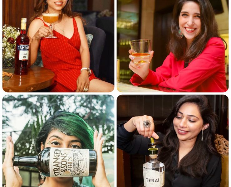 Four women are each holding or pouring a drink, with visible liquor brands: Campari, Stranger & Sons, and Terai. They are seated in different settings, each showcasing a different beverage.