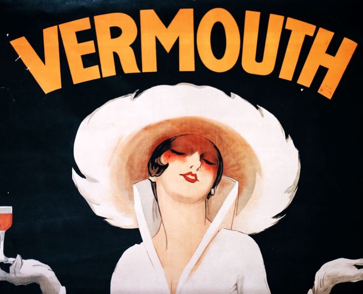 A vintage poster featuring a stylized woman in a white hat and dress, holding a glass of vermouth. The word "VERMOUTH" is prominently displayed above her in bold, yellow letters.