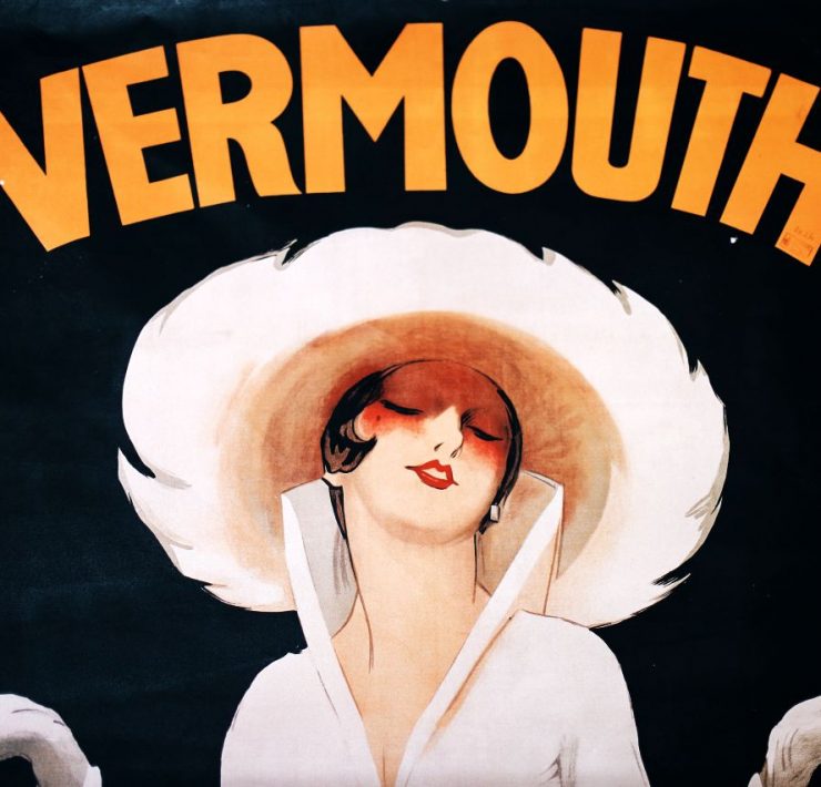 A vintage poster featuring a stylized woman in a white hat and dress, holding a glass of vermouth. The word "VERMOUTH" is prominently displayed above her in bold, yellow letters.