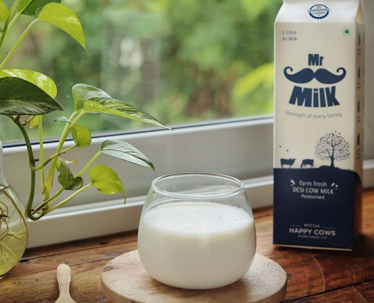 A glass of milk on a wooden coaster sits on a table near a window with a small plant and a carton labeled "Mr. Milk." A wooden spoon rests nearby.
