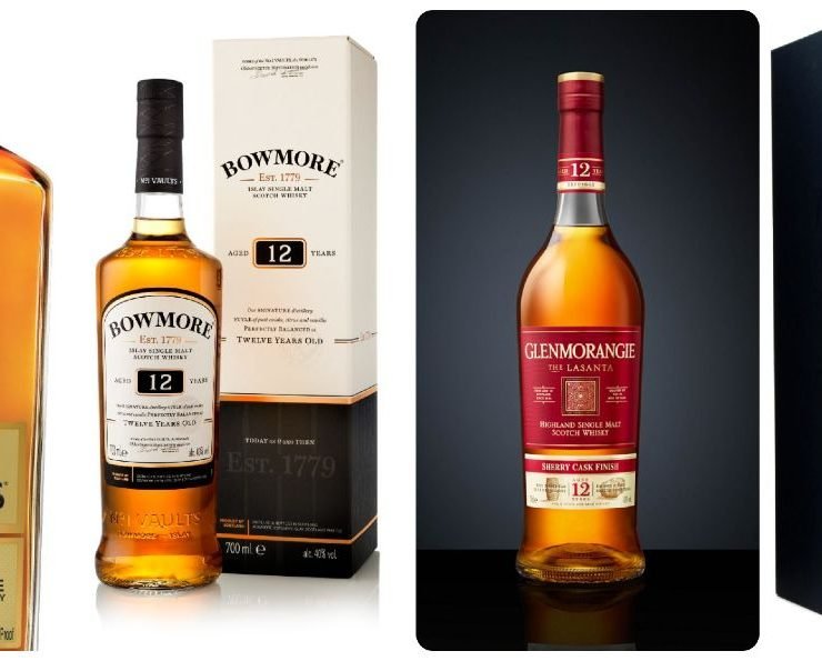 Four bottles of whiskey with packaging: Teacher's 12, Bowmore 12, Glenmorangie 12, and Johnnie Walker Blue Label. Each bottle is accompanied by its respective box.