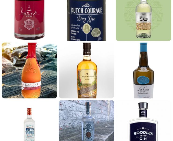 Collage of nine different gin bottles with various labels and designs, arranged in a 3x3 grid layout.