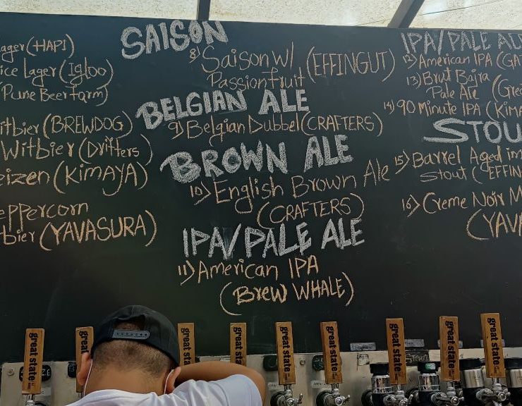 A person in a cap stands in front of a chalkboard menu listing various beer types, such as Lager, Saison, Belgian Ale, and more, with taps visible below the board.