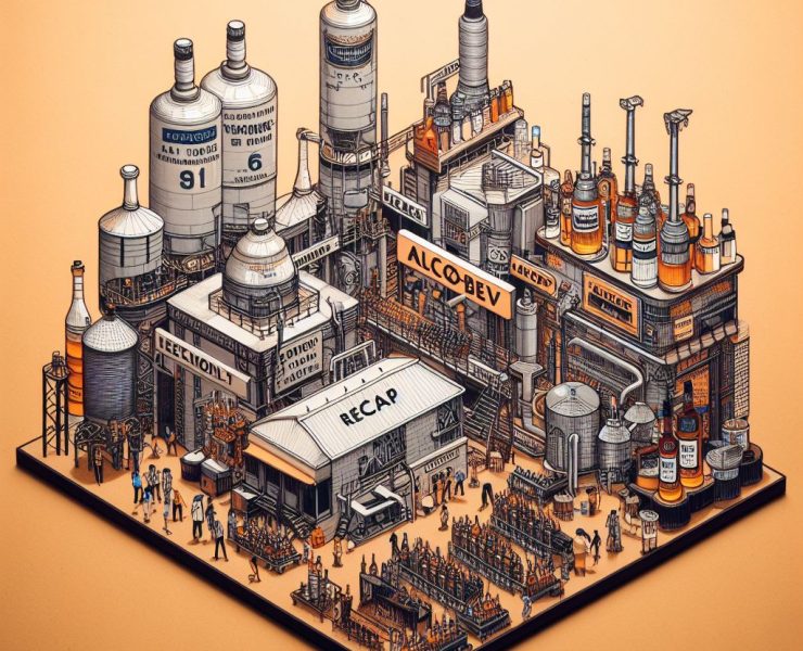 Illustration of a detailed alcohol beverage factory with labeled tanks, vats, and pipes, showing people and equipment in a sectioned layout.